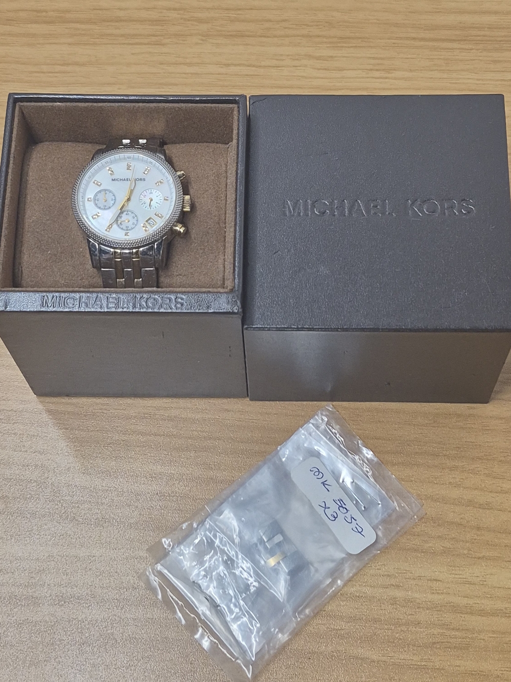 Michael Kors Ritz MK-5057 Two-Tone Chronograph Watch Mother of Pearl Dial Box